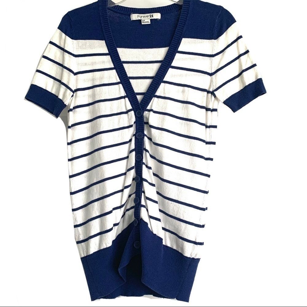 Forever 21 Blue & White Short Sleeve Cardigan Sweater Y2K Small